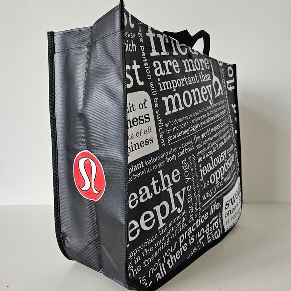 3 x New LULULEMON Black ORIGINAL MANIFESTO Reusable Shopping Gym Lunch Bag Large - Picture 5 of 6